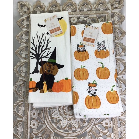 2 Halloween Kitchen Towels Halloween Dog,2 Pumpkin Cat. - Picture 2 of 2